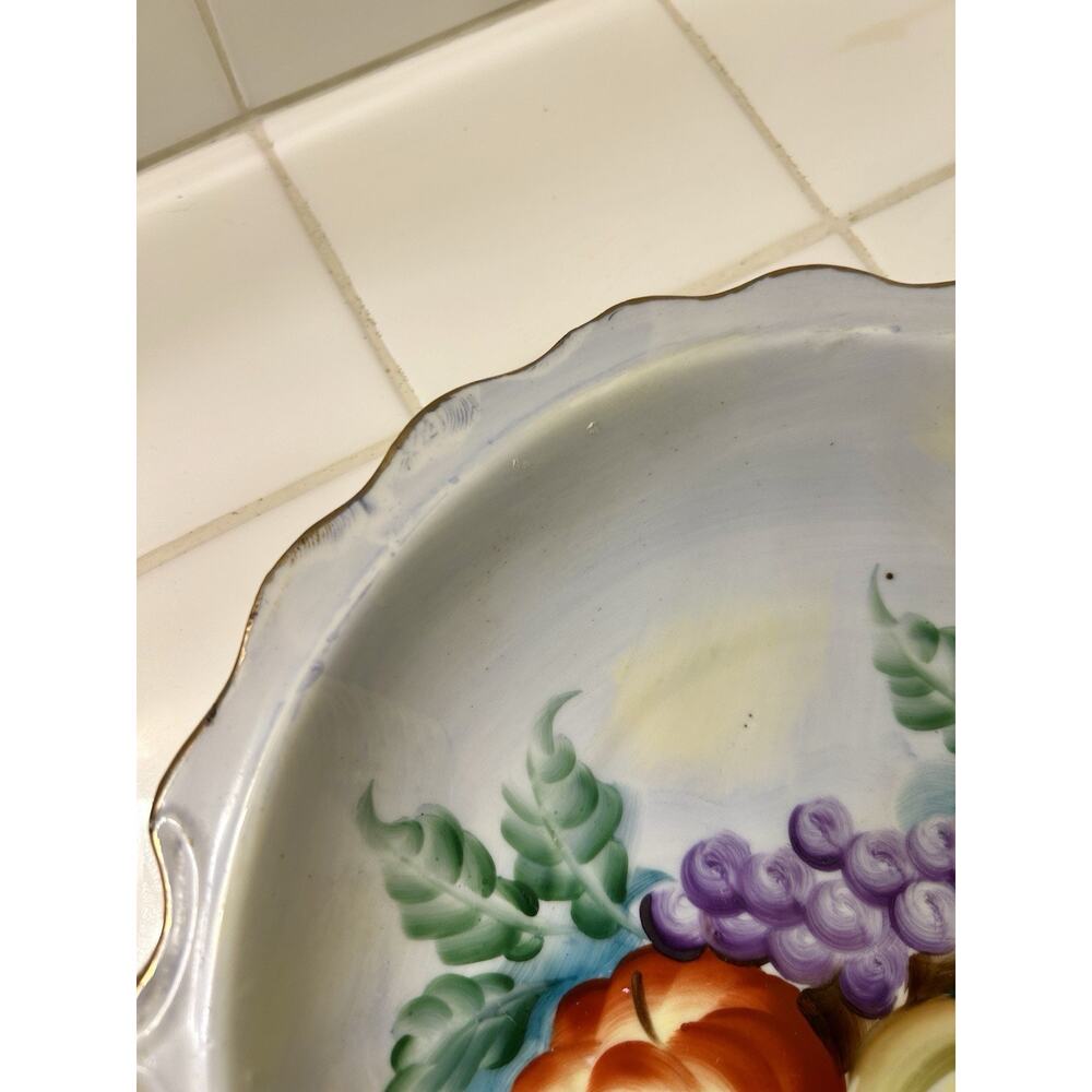 Vintage Hand Painted Plate "Mixed Fruit" Blue With Scalloped Edge & Gold Trim 9” - Picture 4 of 8